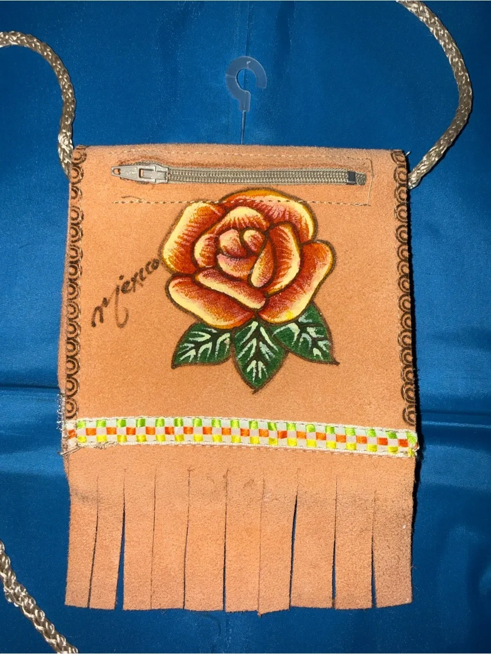 Handcrafted Orange Suede Fringe Crossbody Bag with Floral Design Made in Mexico
